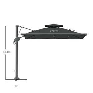 3(m) Cantilever Parasol with Hydraulic Opening, Heavy Duty Aluminium Hanging Garden Parasol, Double Top Square Patio Umbrella with 360° Rotation, 8 Ribs, Cross Base, Grey
