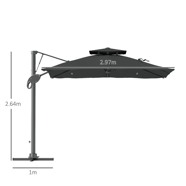 3(m) Cantilever Parasol with Hydraulic Opening, Heavy Duty Aluminium Hanging Garden Parasol, Double Top Square Patio Umbrella with 360° Rotation, 8 Ribs, Cross Base, Grey