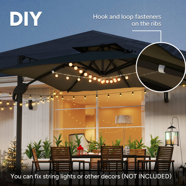 3(m) Cantilever Parasol with Hydraulic Opening, Heavy Duty Aluminium Hanging Garden Parasol, Double Top Square Patio Umbrella with 360° Rotation, 8 Ribs, Cross Base, Grey