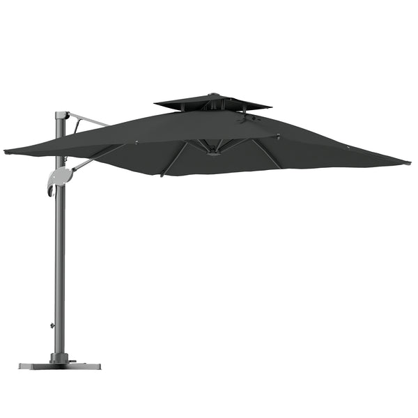 3(m) Cantilever Parasol with Hydraulic Opening, Heavy Duty Aluminium Hanging Garden Parasol, Double Top Square Patio Umbrella with 360° Rotation, 8 Ribs, Cross Base, Grey