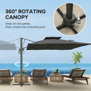 3(m) Cantilever Parasol with Hydraulic Opening, Heavy Duty Aluminium Hanging Garden Parasol, Double Top Square Patio Umbrella with 360° Rotation, 8 Ribs, Cross Base, Grey