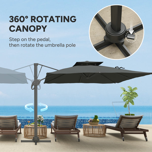 3(m) Cantilever Parasol with Hydraulic Opening, Heavy Duty Aluminium Hanging Garden Parasol, Double Top Square Patio Umbrella with 360° Rotation, 8 Ribs, Cross Base, Grey