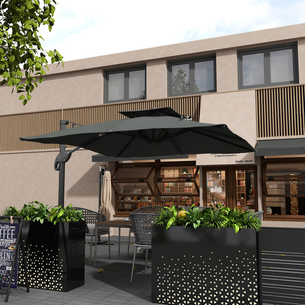 3(m) Cantilever Parasol with Hydraulic Opening, Heavy Duty Aluminium Hanging Garden Parasol, Double Top Square Patio Umbrella with 360° Rotation, 8 Ribs, Cross Base, Grey