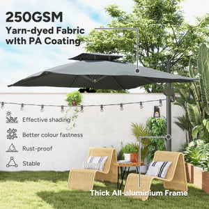 3(m) Cantilever Parasol with Hydraulic Opening, Heavy Duty Aluminium Hanging Garden Parasol, Double Top Square Patio Umbrella with 360° Rotation, 8 Ribs, Cross Base, Grey