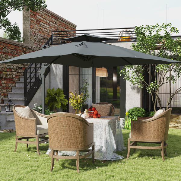 3(m) Cantilever Parasol with Hydraulic Opening, Heavy Duty Aluminium Hanging Garden Parasol, Double Top Square Patio Umbrella with 360° Rotation, 8 Ribs, Cross Base, Grey