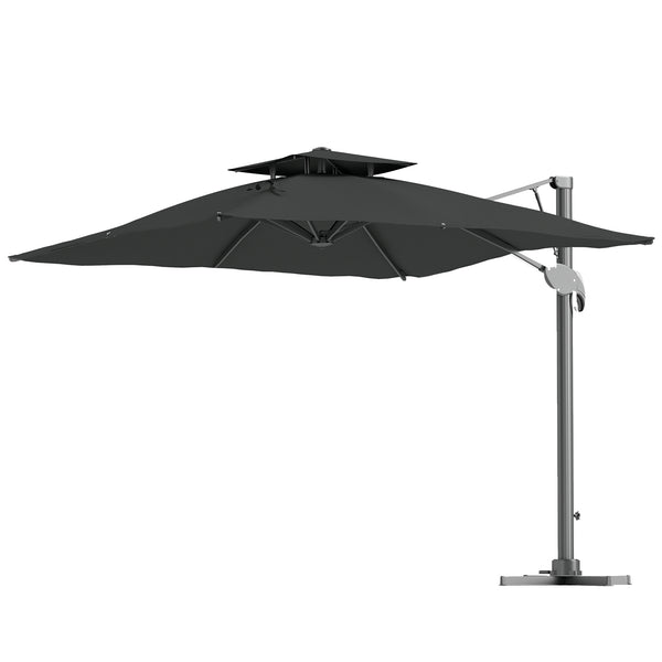 3(m) Cantilever Parasol with Hydraulic Opening, Heavy Duty Aluminium Hanging Garden Parasol, Double Top Square Patio Umbrella with 360° Rotation, 8 Ribs, Cross Base, Grey