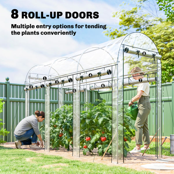 Walk-in Tunnel Greenhouse, 10' x 3' x 6.5' Hoop House Greenhouse with 8 Roll-Up Doors, Plant Hot House with Galvanized Steel Frame for Garden Patio Lawn, Clear