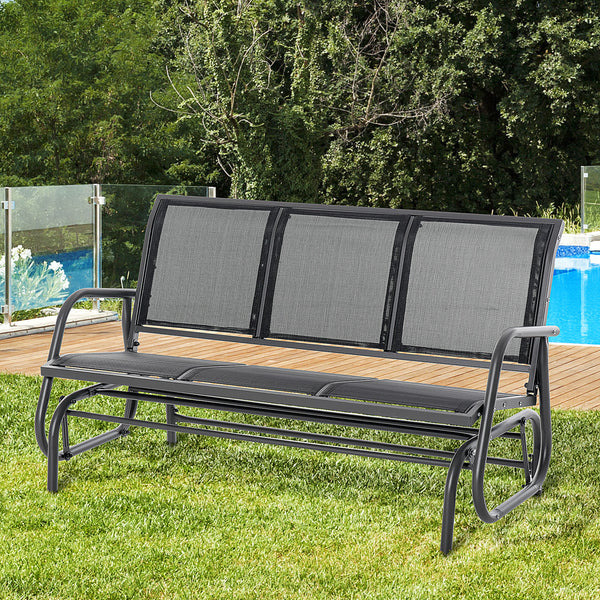 Outsunny 3-Person Patio Glider Bench, Outdoor Porch Glider Swing with 3 Seats, Breathable Mesh Fabric, Metal Frame, Black