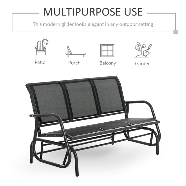 Outsunny 3-Person Patio Glider Bench, Outdoor Porch Glider Swing with 3 Seats, Breathable Mesh Fabric, Metal Frame, Black