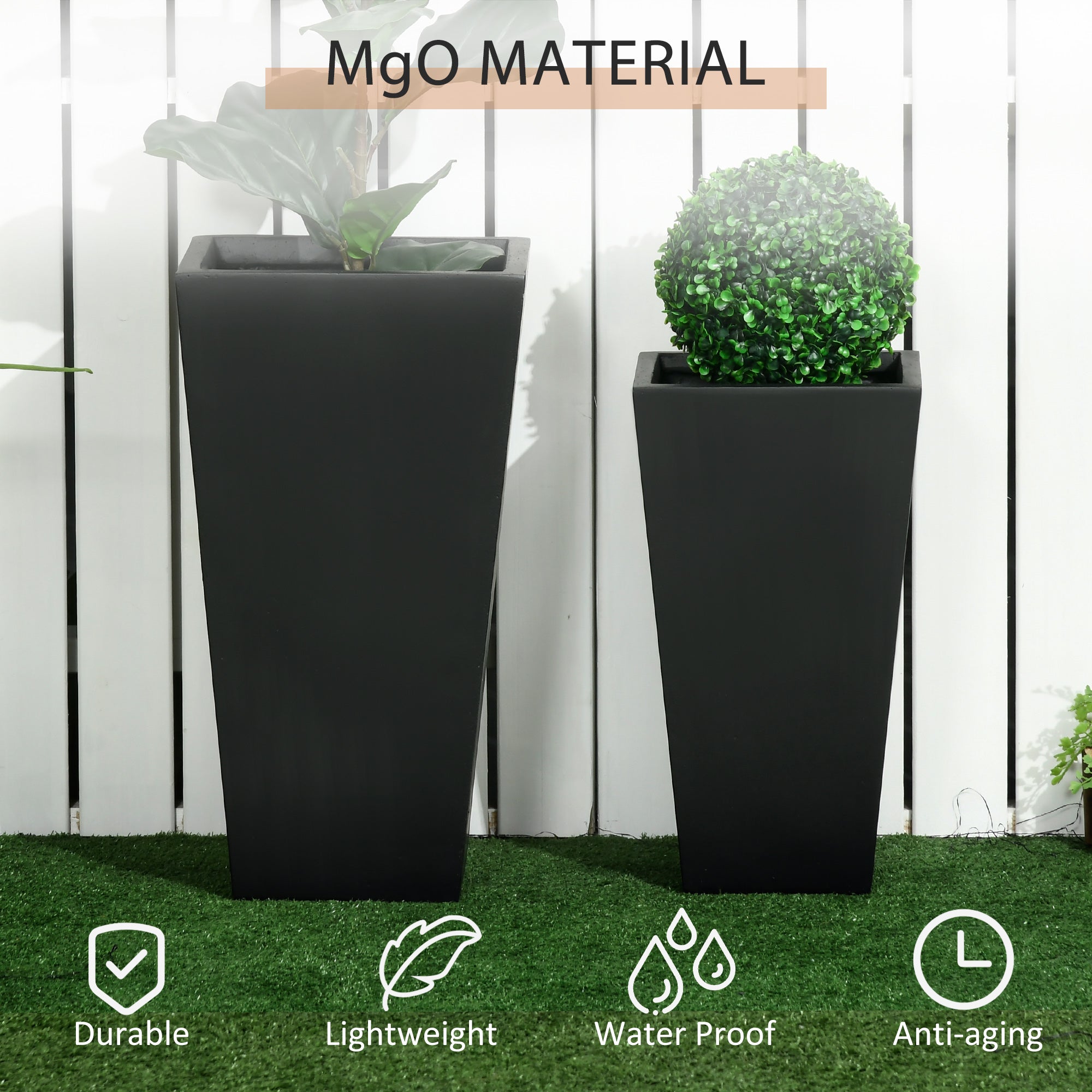 drainage materials for potted plants Outsunny 2-Pack Outdoor Planter Set, MgO Flower Pots with Drainage Holes, Durable & Stackable, for Entryway, Patio, Yard, Garden, Black