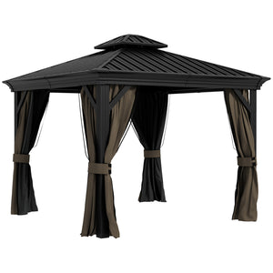 10' x 10' Hardtop Gazebo with Curtains and Netting, Permanent Pavilion Metal Double Roof Gazebo Canopy with Aluminum Frame and Hooks, for Garden, Patio, Backyard, Dark Brown