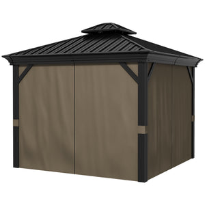 10' x 10' Hardtop Gazebo with Curtains and Netting, Permanent Pavilion Metal Double Roof Gazebo Canopy with Aluminum Frame and Hooks, for Garden, Patio, Backyard, Dark Brown