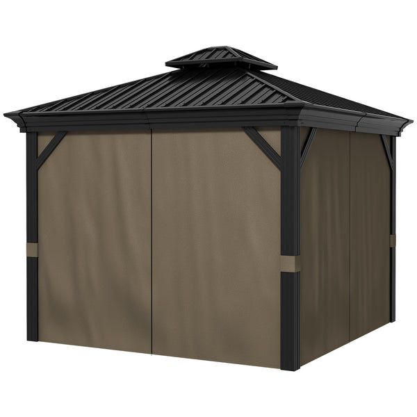 10' x 10' Hardtop Gazebo with Curtains and Netting, Permanent Pavilion Metal Double Roof Gazebo Canopy with Aluminum Frame and Hooks, for Garden, Patio, Backyard, Dark Brown