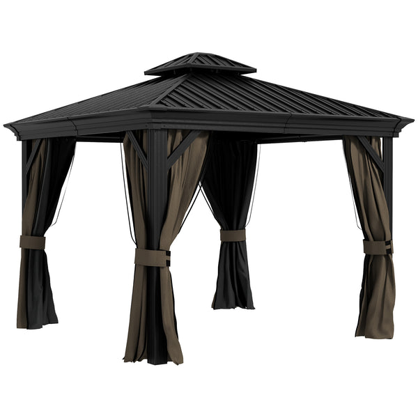10' x 10' Hardtop Gazebo with Curtains and Netting, Permanent Pavilion Metal Double Roof Gazebo Canopy with Aluminum Frame and Hooks, for Garden, Patio, Backyard, Dark Brown