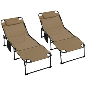 Outsunny 2 Piece Folding Chaise Lounge with 5-level Reclining Back, Tanning Chair with Face Hole, Outdoor Lounge Chair with Side Pocket & Headrest for Beach, Yard, Patio, Beige