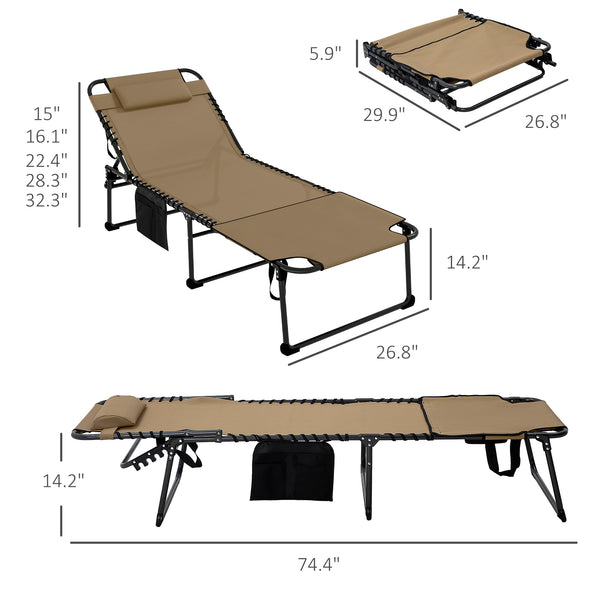 Outsunny 2 Piece Folding Chaise Lounge with 5-level Reclining Back, Tanning Chair with Face Hole, Outdoor Lounge Chair with Side Pocket & Headrest for Beach, Yard, Patio, Beige