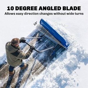 37-Inch Extra Wide Snow Shovel with Wheels, Heavy Duty Aluminum Snow Pusher with Ergonomic Adjustable Handle, Angled Blade and Non-Slip Grip for Driveway, Sidewalks, Garden, Deck, Blue