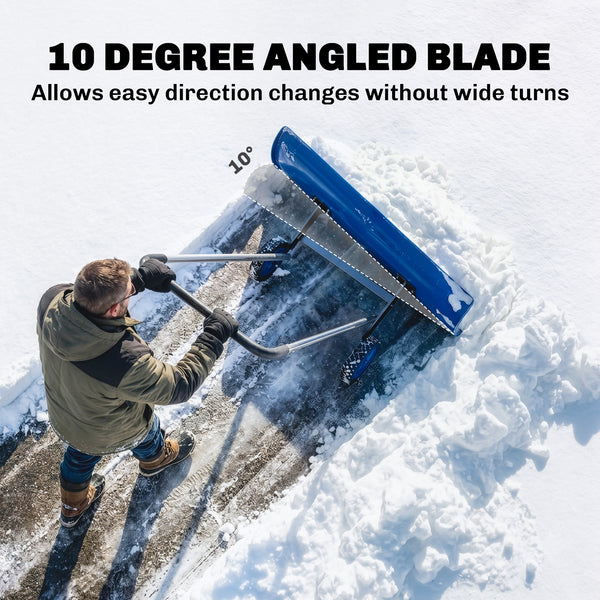 37-Inch Extra Wide Snow Shovel with Wheels, Heavy Duty Aluminum Snow Pusher with Ergonomic Adjustable Handle, Angled Blade and Non-Slip Grip for Driveway, Sidewalks, Garden, Deck, Blue