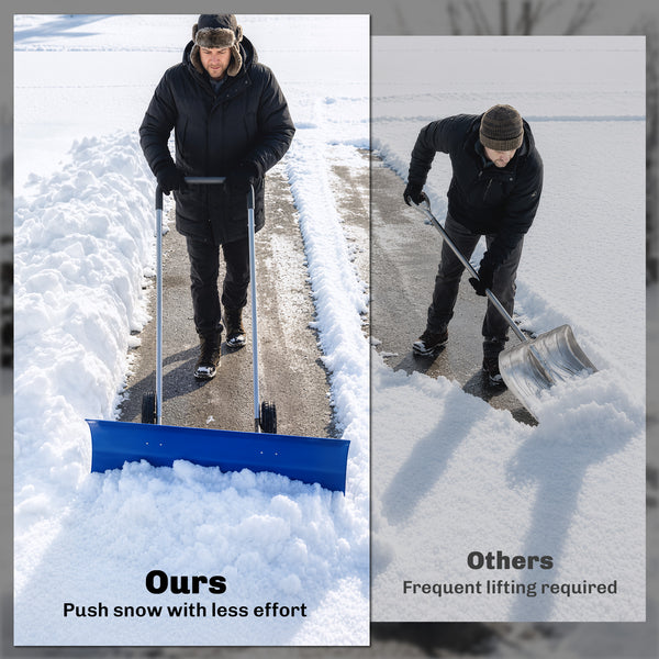 37-Inch Extra Wide Snow Shovel with Wheels, Heavy Duty Aluminum Snow Pusher with Ergonomic Adjustable Handle, Angled Blade and Non-Slip Grip for Driveway, Sidewalks, Garden, Deck, Blue