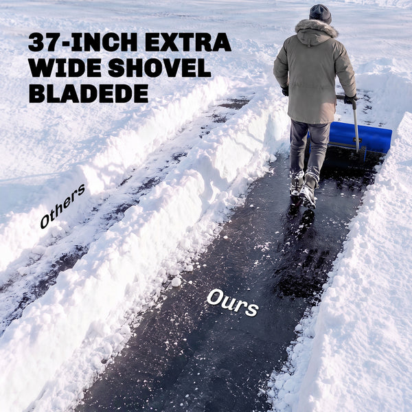37-Inch Extra Wide Snow Shovel with Wheels, Heavy Duty Aluminum Snow Pusher with Ergonomic Adjustable Handle, Angled Blade and Non-Slip Grip for Driveway, Sidewalks, Garden, Deck, Blue