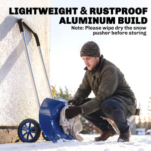 37-Inch Extra Wide Snow Shovel with Wheels, Heavy Duty Aluminum Snow Pusher with Ergonomic Adjustable Handle, Angled Blade and Non-Slip Grip for Driveway, Sidewalks, Garden, Deck, Blue