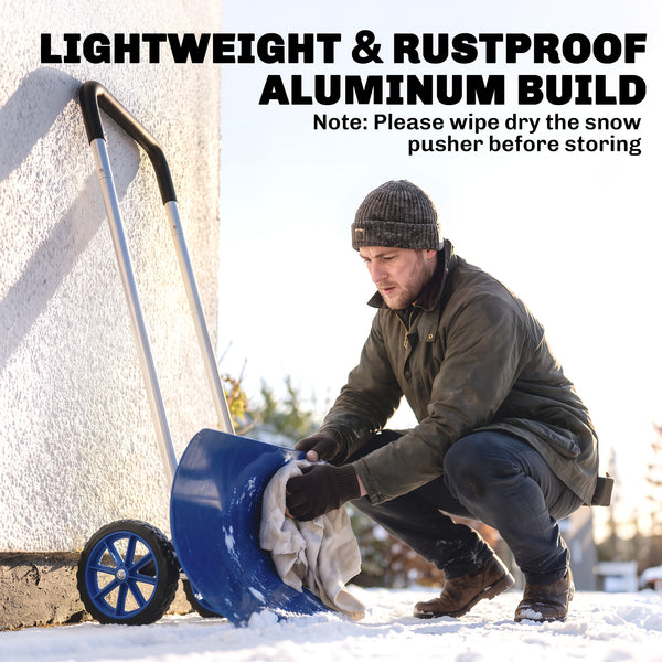 37-Inch Extra Wide Snow Shovel with Wheels, Heavy Duty Aluminum Snow Pusher with Ergonomic Adjustable Handle, Angled Blade and Non-Slip Grip for Driveway, Sidewalks, Garden, Deck, Blue