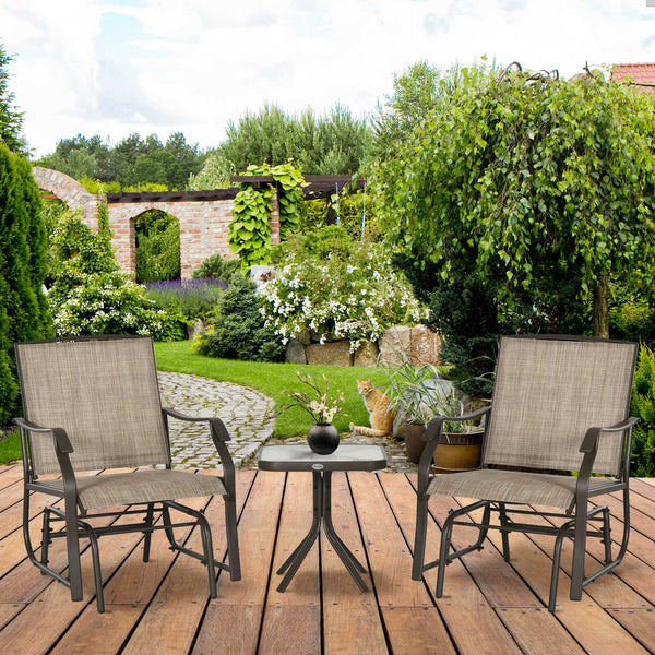 3 Piece Outdoor Glider Chair with Coffee Table Bistro Set, 2 Patio Rocking Swing Chairs with Breathable Sling Fabric, Glass Tabletop, for Backyard, Garden and Porch, Mixed Brown