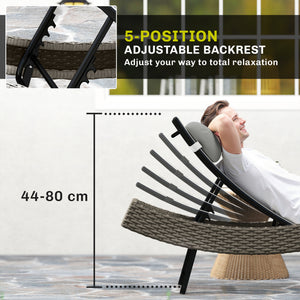 Rattan Sun Lounger, 5 Position Adjustable Garden Lounger Recliner with S Shaped Texteline Seat and Headrest, Reclining Outdoor Sunbed with Metal Frame for Patio, Terrace, Light Grey