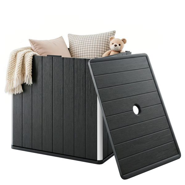 30 Gallon Outdoor Storage Box, Outdoor Side Table with Umbrella Holder, HDPE Deck Box Garden Storage Container for Balcony, Porch, Poolside