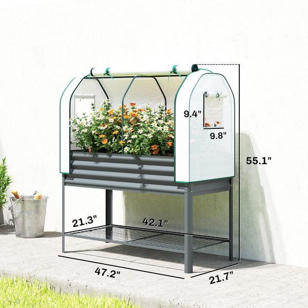 Galvanised Raised Garden Bed with Greenhouse Cover, Metal Elevated Garden Bed with Legs, Bed Liner and Bottom Shelf, Outdoor Raised Planter Box for Vegetables, Herbs, Flowers, Dark Gray
