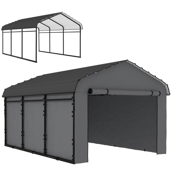 10' x 15' Heavy Duty Metal Carport, Waterproof Garage Car Canopy Shelter with Galvanized Metal Roof and Removable Sidewalls for Cars, Boats, Tractors, Dark Gray