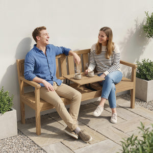 Wooden Garden Loveseat with Liftable Table and Hidden Storage Shelf, 2-3-Seater Outdoor Bench, Fir Wood Jack and Jill Garden Seat with Armrests for Patio, Porch, Teak