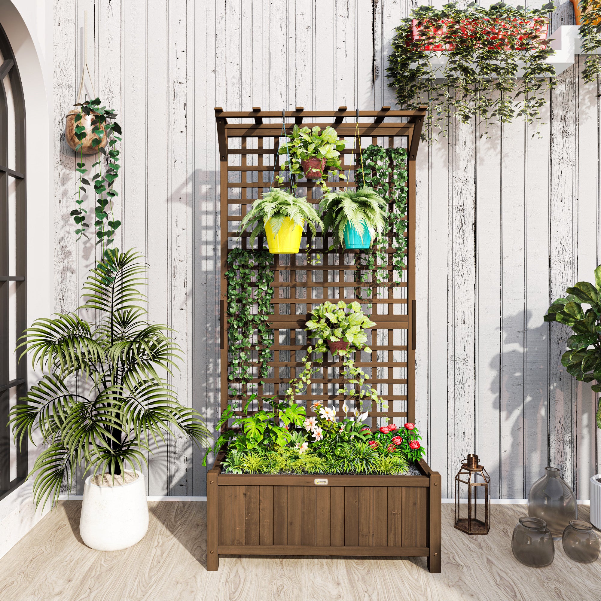 cedar trellis planter Outsunny Raised Garden Bed, Wood Planter with Trellis for Vine Climbing, Privacy Screen Planter Box to Grow Vegetables, Herbs, and Flowers for B