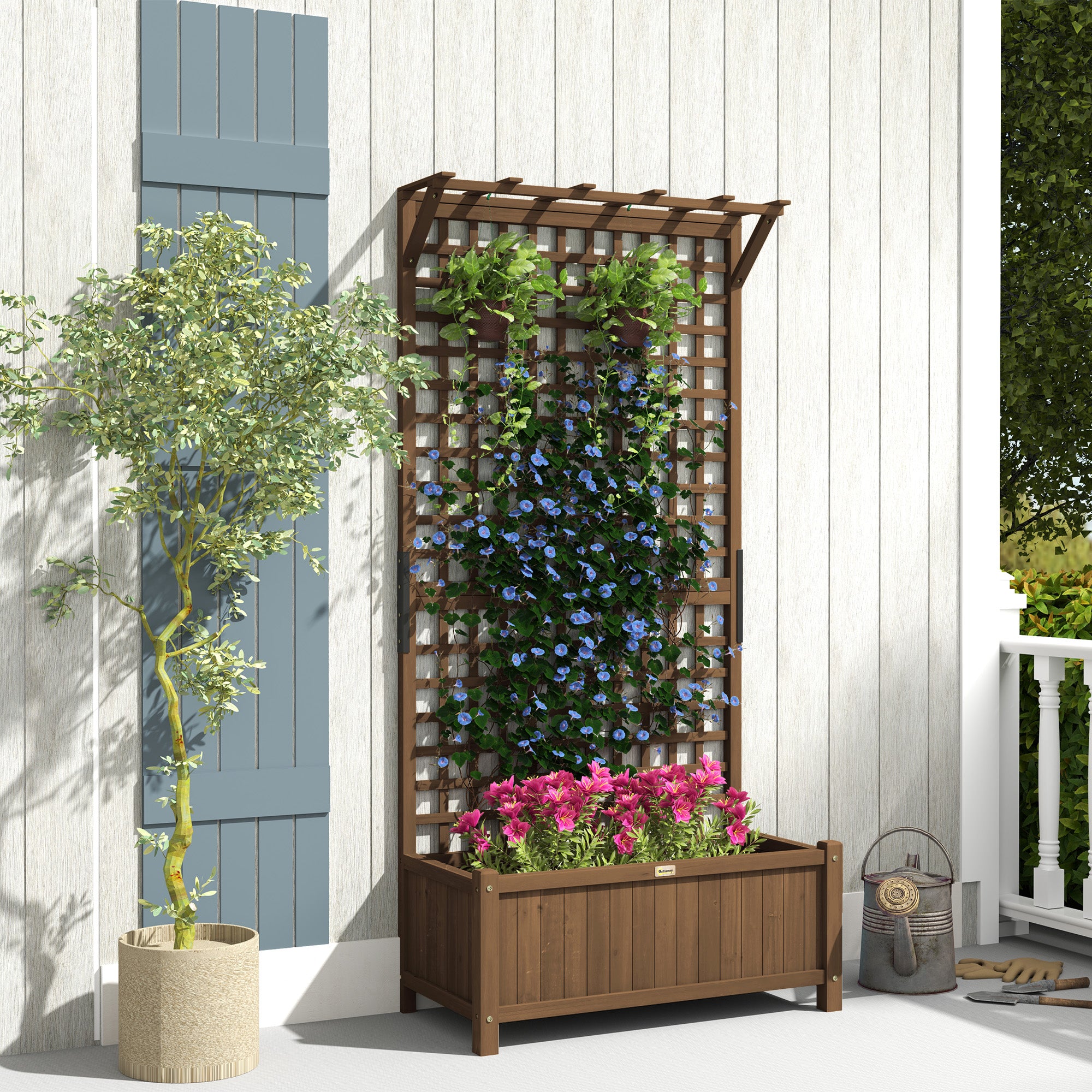 hanging plants privacy Outsunny Raised Garden Bed, Wood Planter with Trellis for Vine Climbing, Privacy Screen Planter Box to Grow Vegetables, Herbs, and Flowers for B