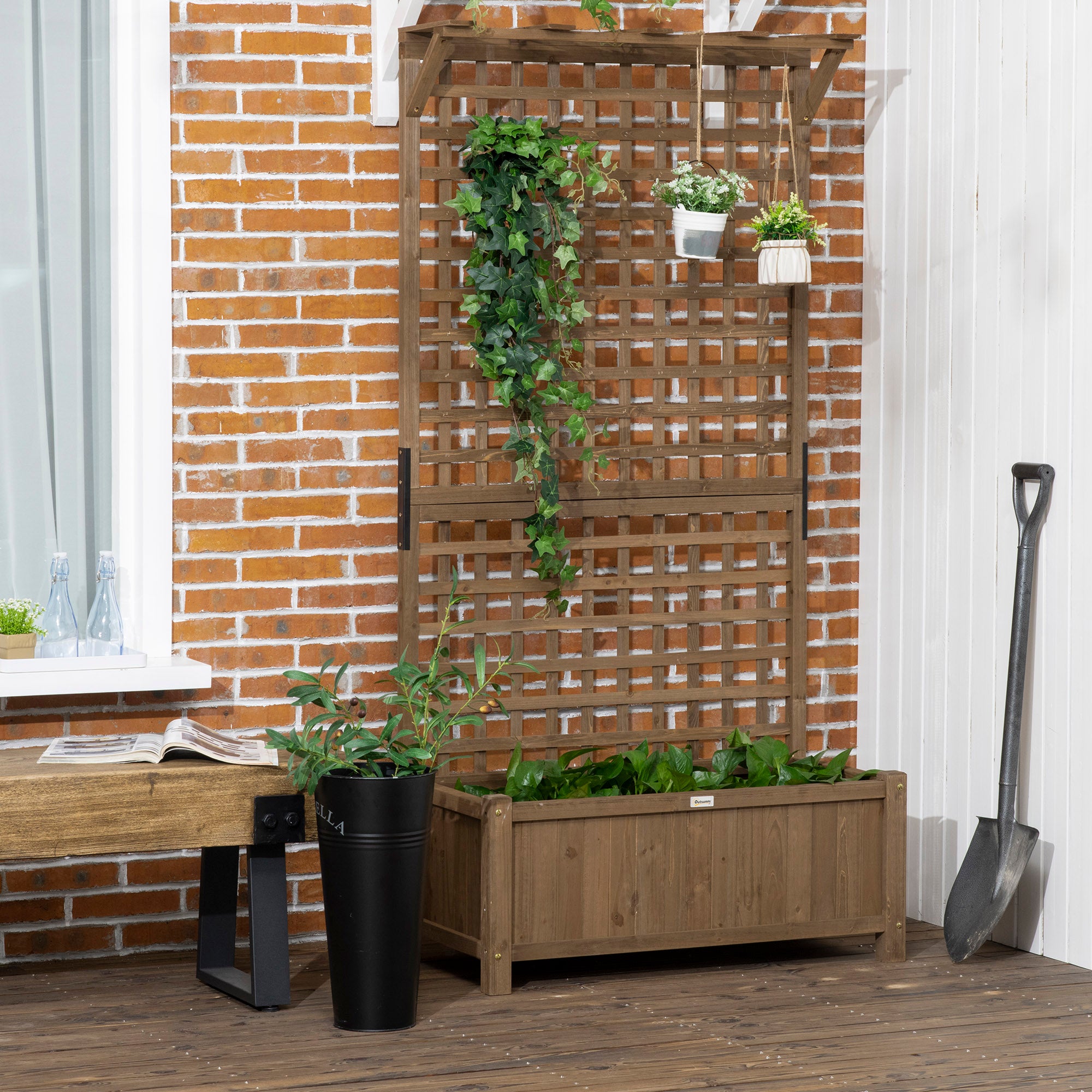 indoor vine planter Outsunny Raised Garden Bed, Wood Planter with Trellis for Vine Climbing, Privacy Screen Planter Box to Grow Vegetables, Herbs, and Flowers for B