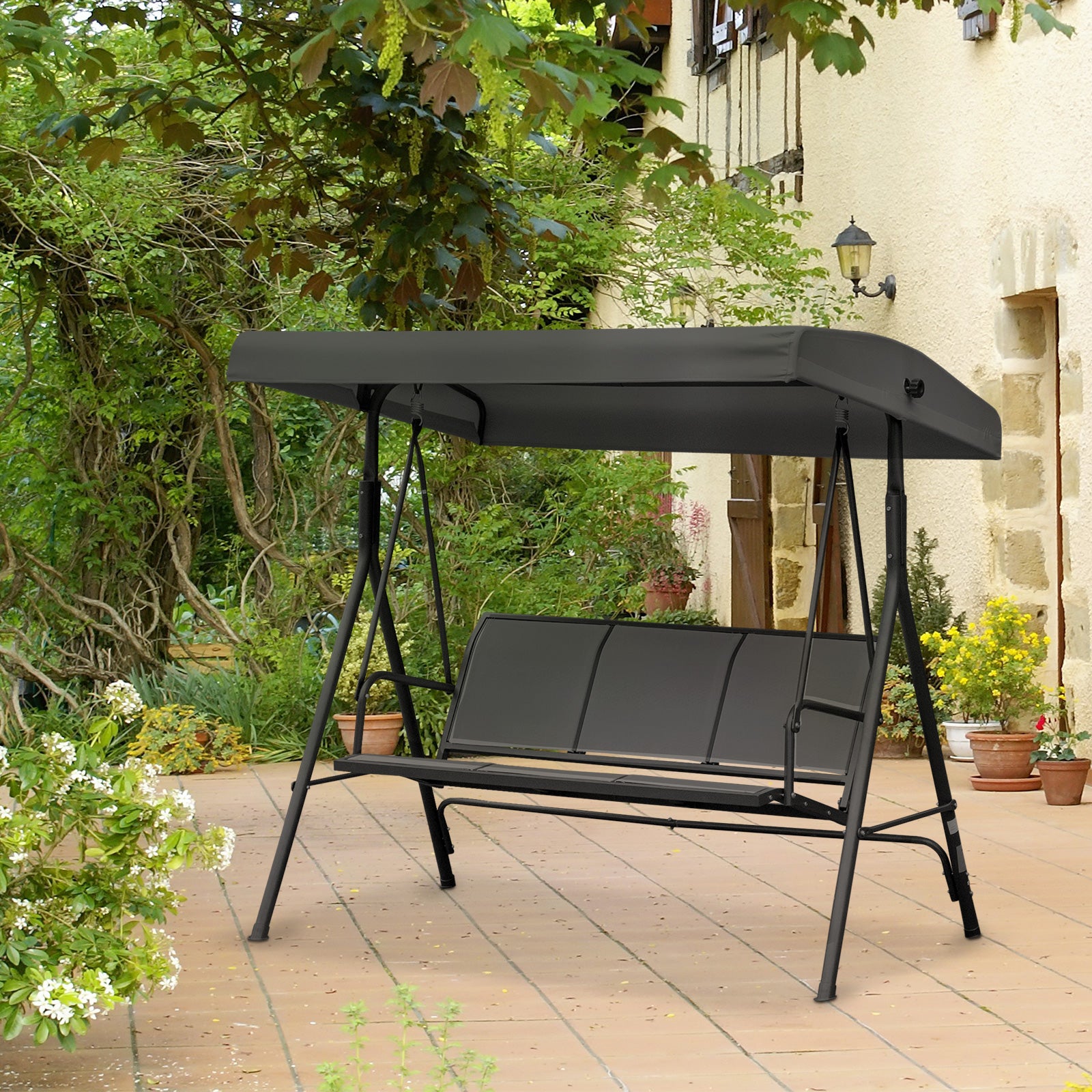 Seater Garden Swing Chair with Canopy, Breathable Mesh Seat and Steel Frame, Black