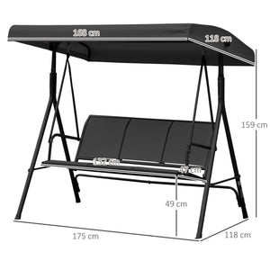 3 Seater Swing Chair, Garden Swing Bench with Canopy, Breathable Mesh Seat and Heavy Duty Steel Frame for Patio, Yard, Black