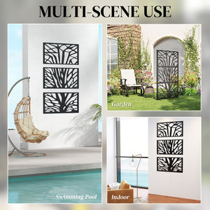 Metal Outdoor Privacy Screen, 72" x 38" Freestanding Outdoor Divider, Wall-Mounted Decorative Panel with Trunk Cut-out Design for Garden Patio Backyard, Black