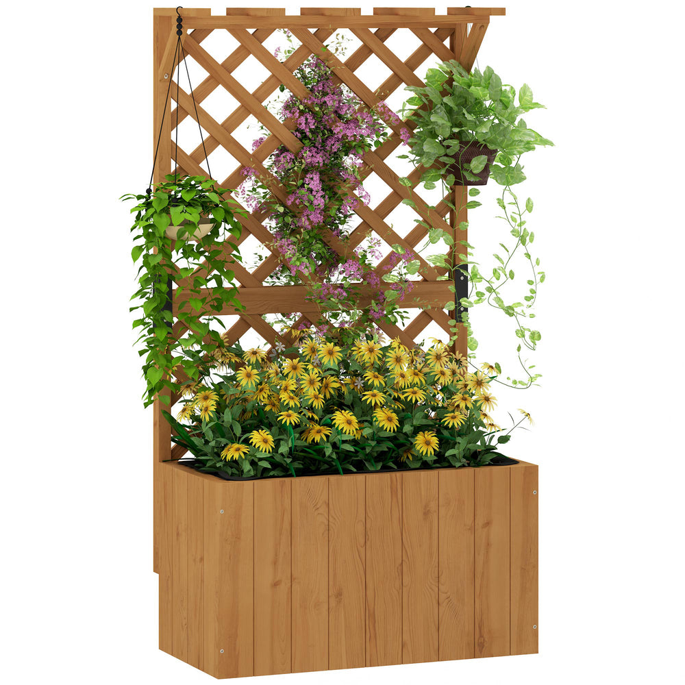 Wooden Planter with Trellis, Freestanding Raised Garden Bed with Drainage Holes, Outdoor Planter Box with Liner for Vegetables, Herbs and Flowers, Natural
