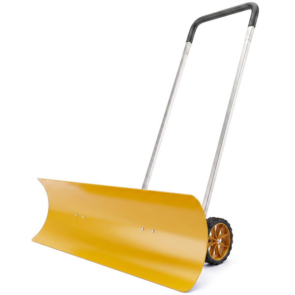 37-Inch Extra Wide Snow Shovel with Wheels, Heavy Duty Aluminum Snow Pusher with Ergonomic Adjustable Handle, Angled Blade and Non-Slip Grip for Driveway, Sidewalks, Garden, Deck, Yellow