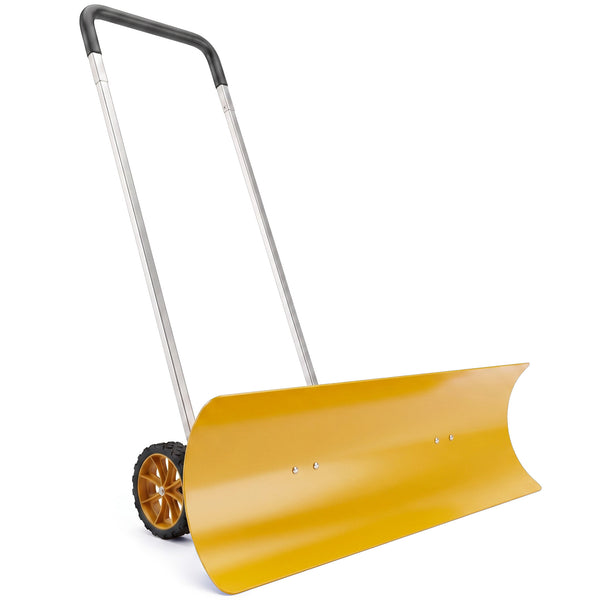 37-Inch Extra Wide Snow Shovel with Wheels, Heavy Duty Aluminum Snow Pusher with Ergonomic Adjustable Handle, Angled Blade and Non-Slip Grip for Driveway, Sidewalks, Garden, Deck, Yellow