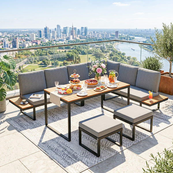 6-Piece Garden Corner Sofa Set with Cushions, 6-8 Seater Aluminium Garden Furniture Set with Coffee Table, Patio Sectional Conservatory Furniture for Patio & Terrace, Grey