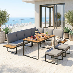 6-Piece Garden Corner Sofa Set with Cushions, 6-8 Seater Aluminium Garden Furniture Set with Coffee Table, Patio Sectional Conservatory Furniture for Patio & Terrace, Grey