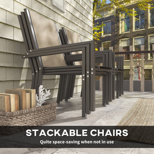 7 Piece Patio Dining Set, Outdoor Dining Table and 6 Stackable Chairs, Metal Patio Furniture Set with WPC Top, Breathable Mesh for Garden, Backyard, Poolside, Khaki