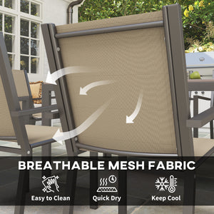 7 Piece Patio Dining Set, Outdoor Dining Table and 6 Stackable Chairs, Metal Patio Furniture Set with WPC Top, Breathable Mesh for Garden, Backyard, Poolside, Khaki