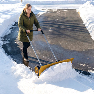 37-Inch Extra Wide Snow Shovel with Wheels, Heavy Duty Aluminum Snow Pusher with Ergonomic Adjustable Handle, Angled Blade and Non-Slip Grip for Driveway, Sidewalks, Garden, Deck, Yellow