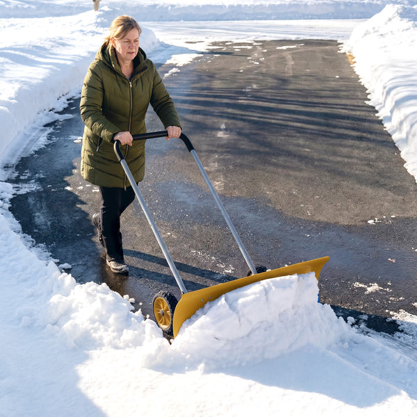37-Inch Extra Wide Snow Shovel with Wheels, Heavy Duty Aluminum Snow Pusher with Ergonomic Adjustable Handle, Angled Blade and Non-Slip Grip for Driveway, Sidewalks, Garden, Deck, Yellow