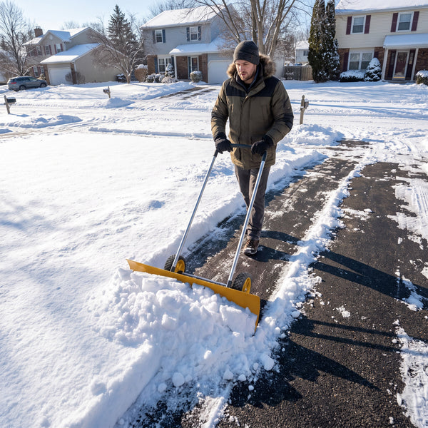 37-Inch Extra Wide Snow Shovel with Wheels, Heavy Duty Aluminum Snow Pusher with Ergonomic Adjustable Handle, Angled Blade and Non-Slip Grip for Driveway, Sidewalks, Garden, Deck, Yellow