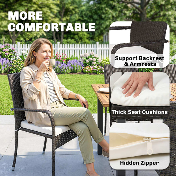 7 Piece Rattan Garden Furniture Set, 6 Seater Garden Table and 6 Stackable Chairs with Extendable Acacia Wood Tabletop, All-Weather Outdoor Furniture with Cushions for Patio, Cream White