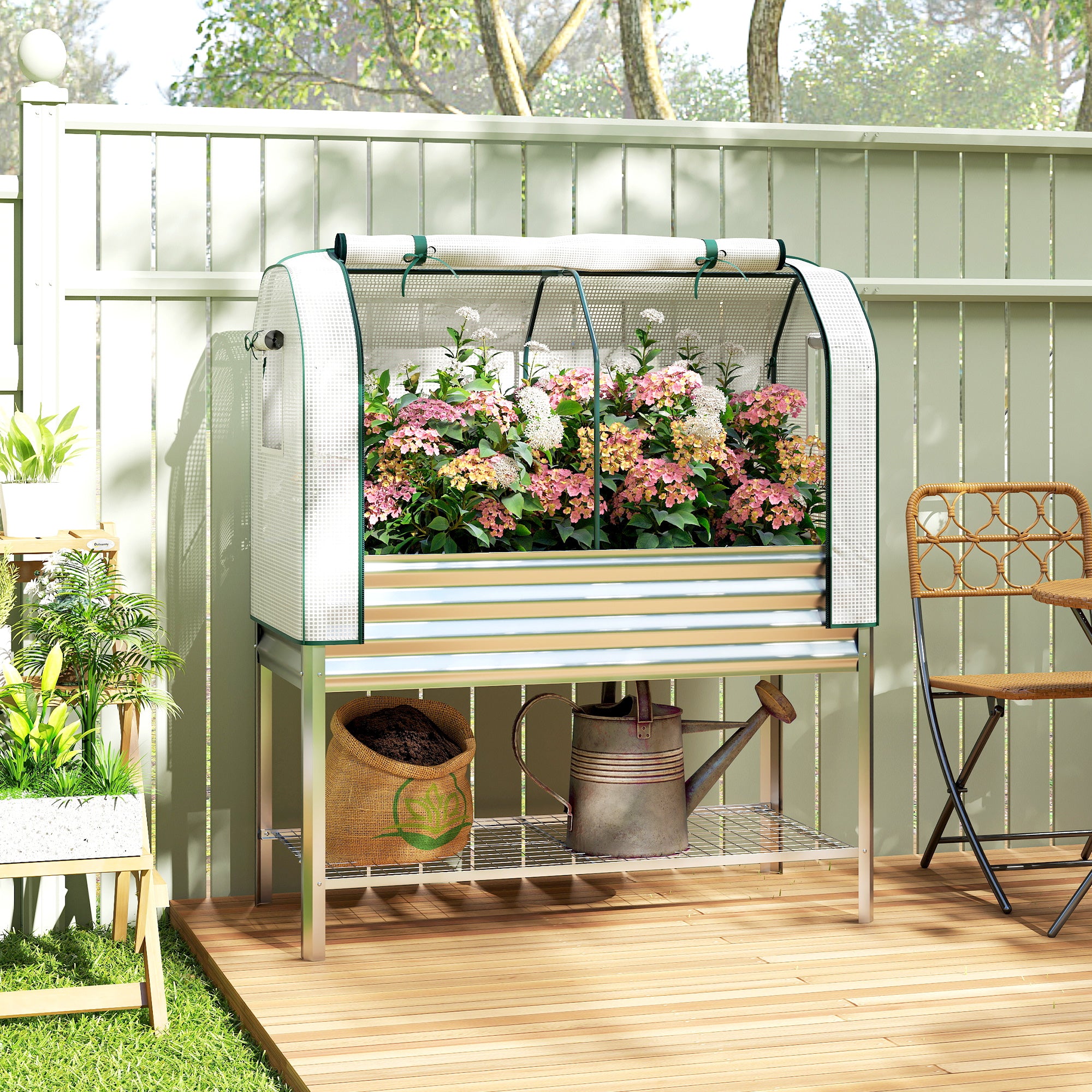 green house planter Outsunny Galvanised Raised Garden Bed with Greenhouse Cover, Metal Elevated Garden Bed with Bed Liner, Bottom Shelf, Dark Gray